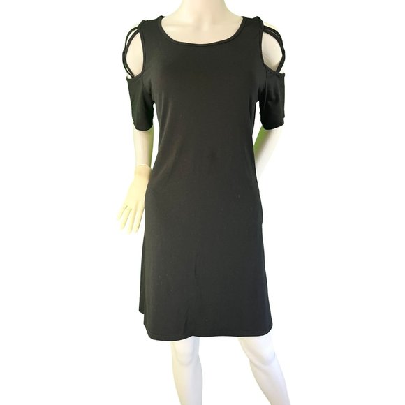Women's Black Open Shoulder Dress, Knee Length, Hidden Pockets, XL - Picture 1 of 11